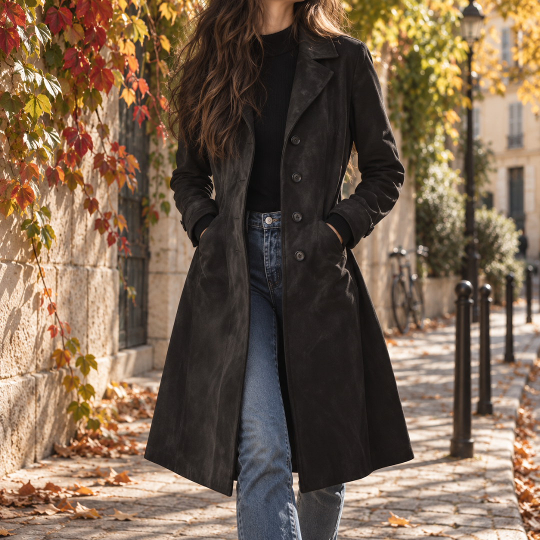 Cappotto donna lungo grigio scuro con tasche laterali e linea svasata