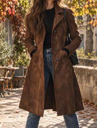Cappotto donna lungo marrone abbinato a pantaloni chiari e maglia nera
