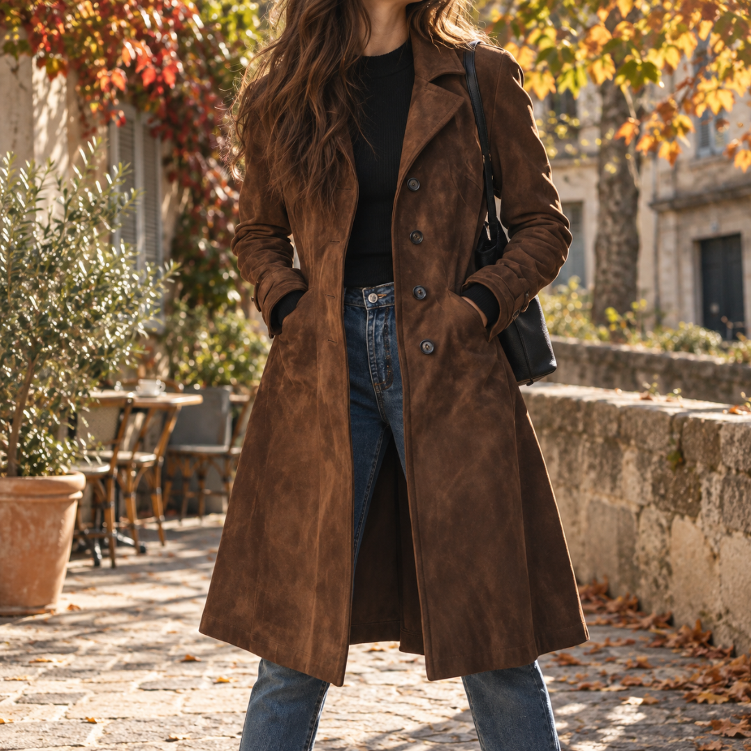 Cappotto donna lungo marrone abbinato a pantaloni chiari e maglia nera
