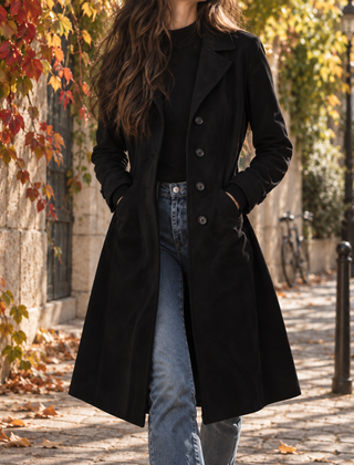 Cappotto donna lungo nero con revers a punta e bottoni sul davanti