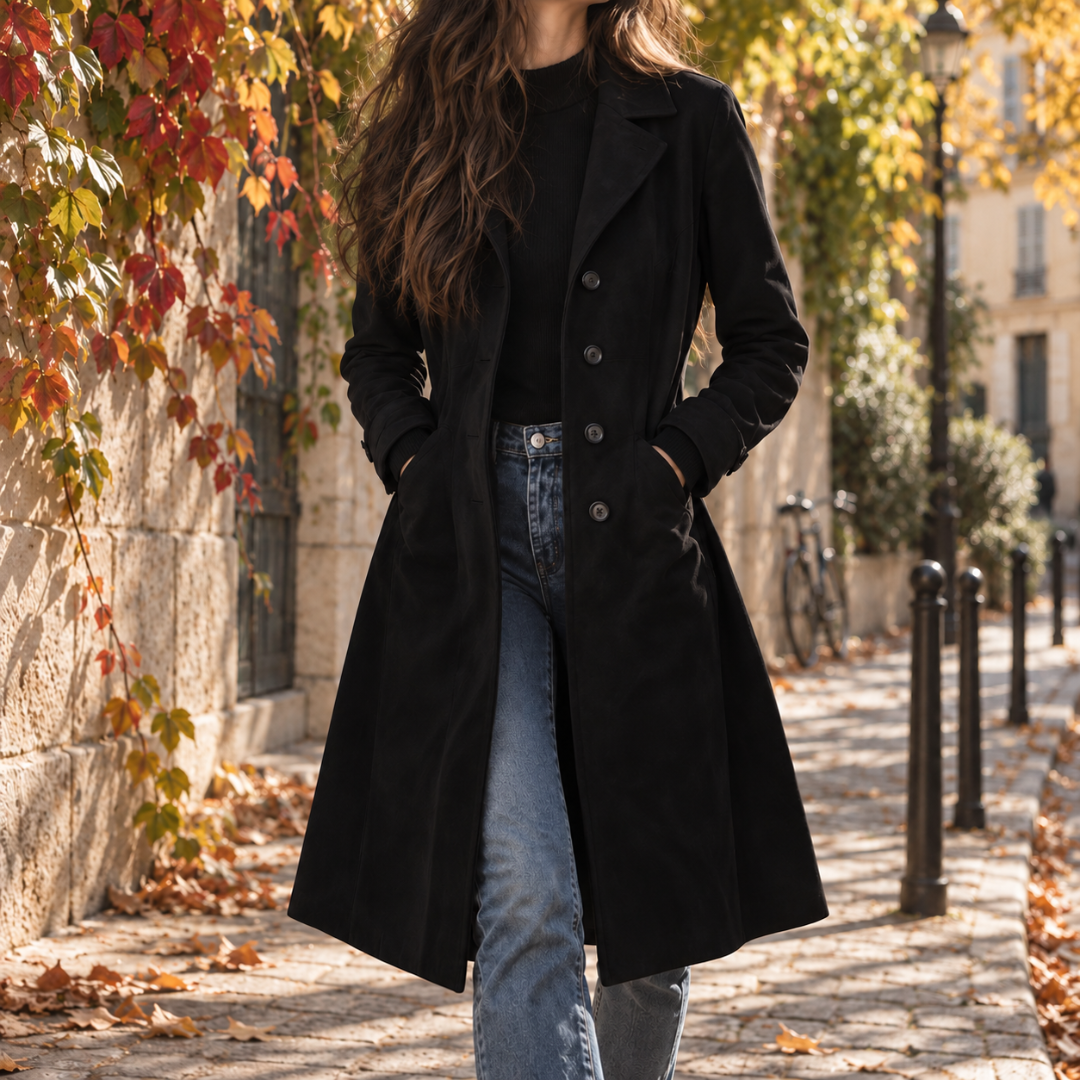 Cappotto donna lungo nero con revers a punta e bottoni sul davanti