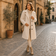 Cappotto bianco crema effetto teddy con bottoni scuri, indossato su maglione a collo alto