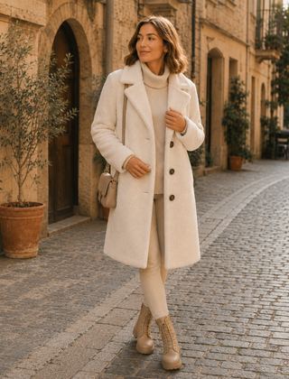 Cappotto bianco crema effetto teddy con bottoni scuri, indossato su maglione a collo alto