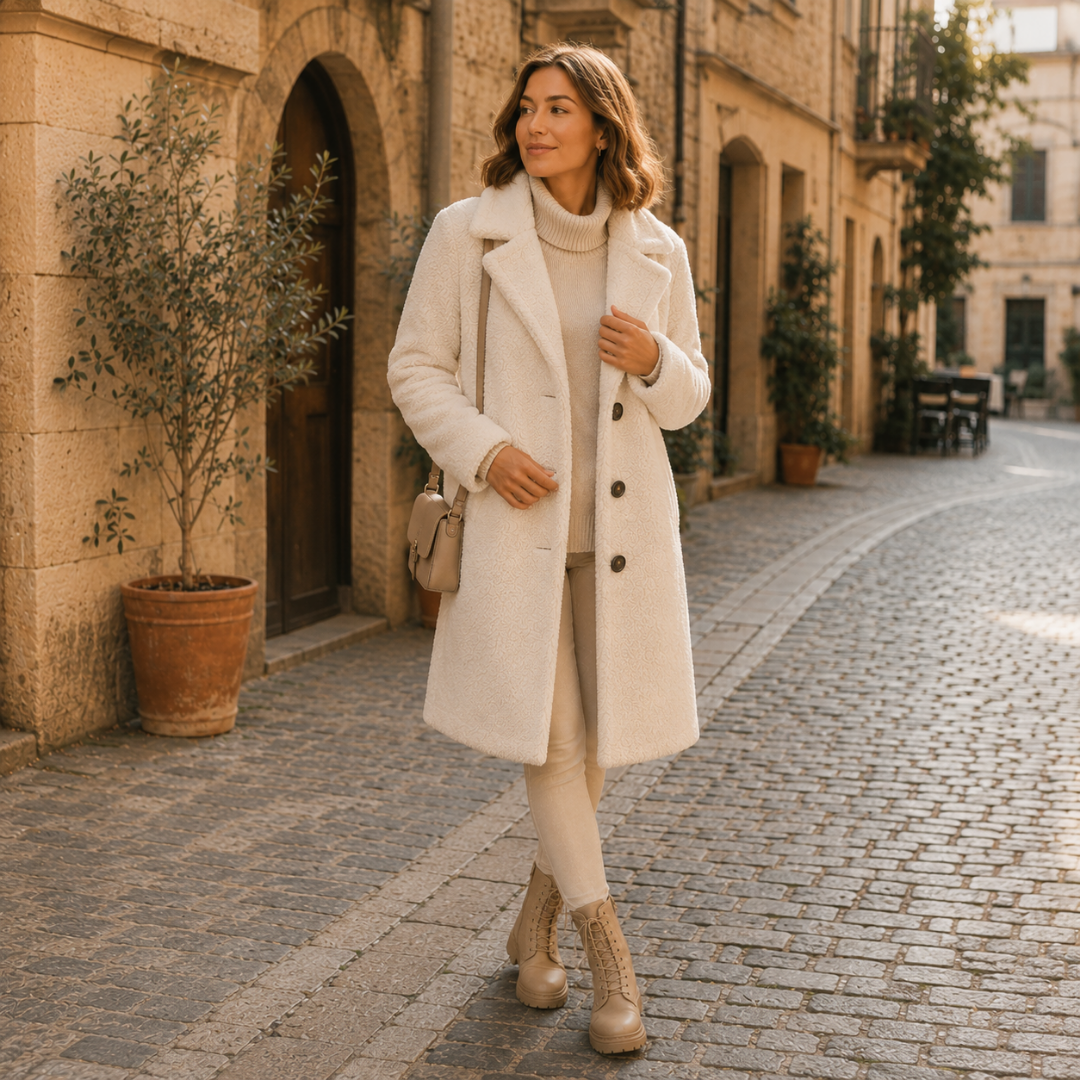 Cappotto bianco crema effetto teddy con bottoni scuri, indossato su maglione a collo alto