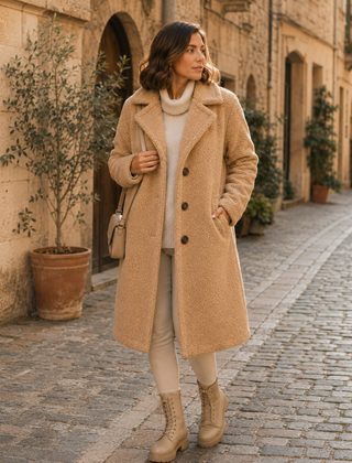 Cappotto cammello effetto teddy con revers ampio, bottoni sul davanti e tasche laterali
