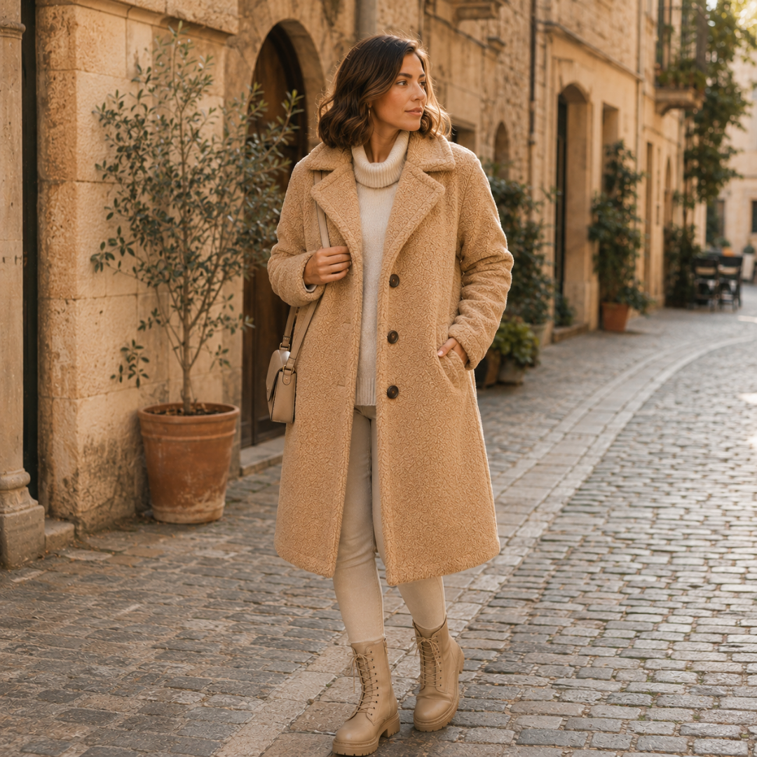 Cappotto cammello effetto teddy con revers ampio, bottoni sul davanti e tasche laterali