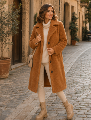 Cappotto marrone lungo effetto teddy con revers a punta e chiusura a bottoni