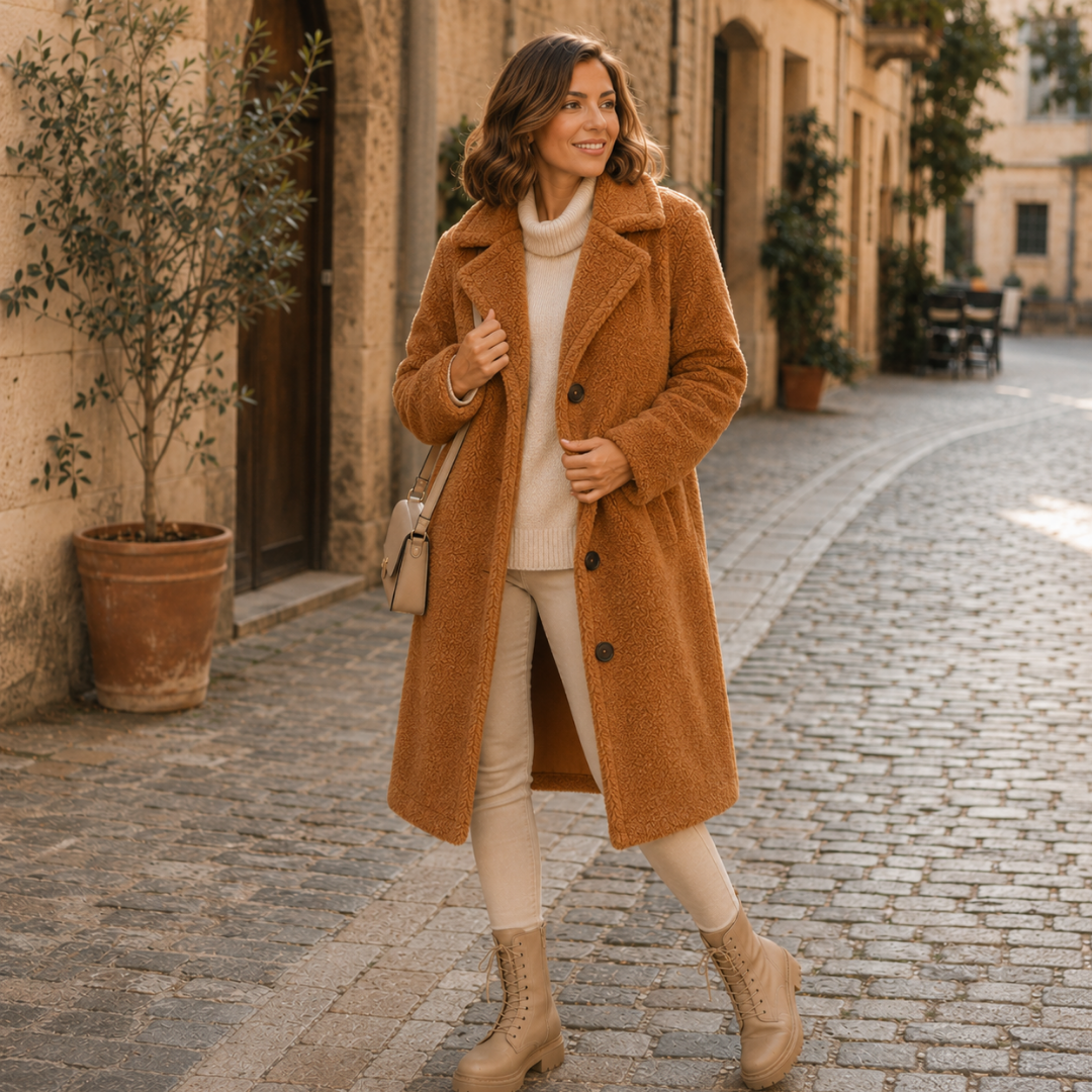 Cappotto marrone lungo effetto teddy con revers a punta e chiusura a bottoni