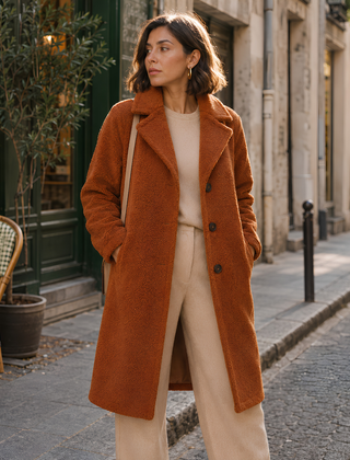 Cappotto lungo terracotta effetto teddy con revers a punta e bottoni scuri sul davanti