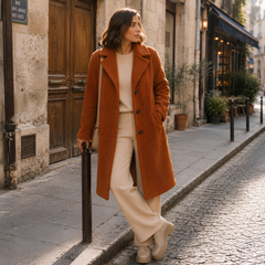 Donna in cappotto terracotta effetto teddy aperto, abbinato a pantaloni larghi color crema