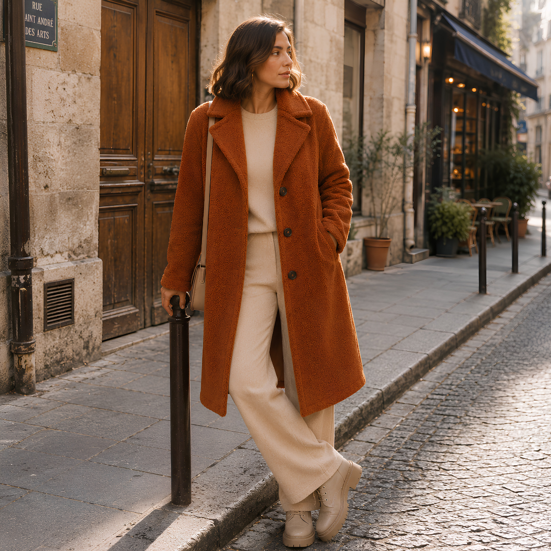 Donna in cappotto terracotta effetto teddy aperto, abbinato a pantaloni larghi color crema