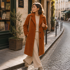 Cappotto terracotta lungo con tasche laterali e maniche lunghe, indossato in strada