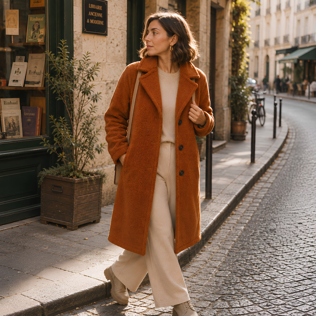 Cappotto terracotta lungo con tasche laterali e maniche lunghe, indossato in strada