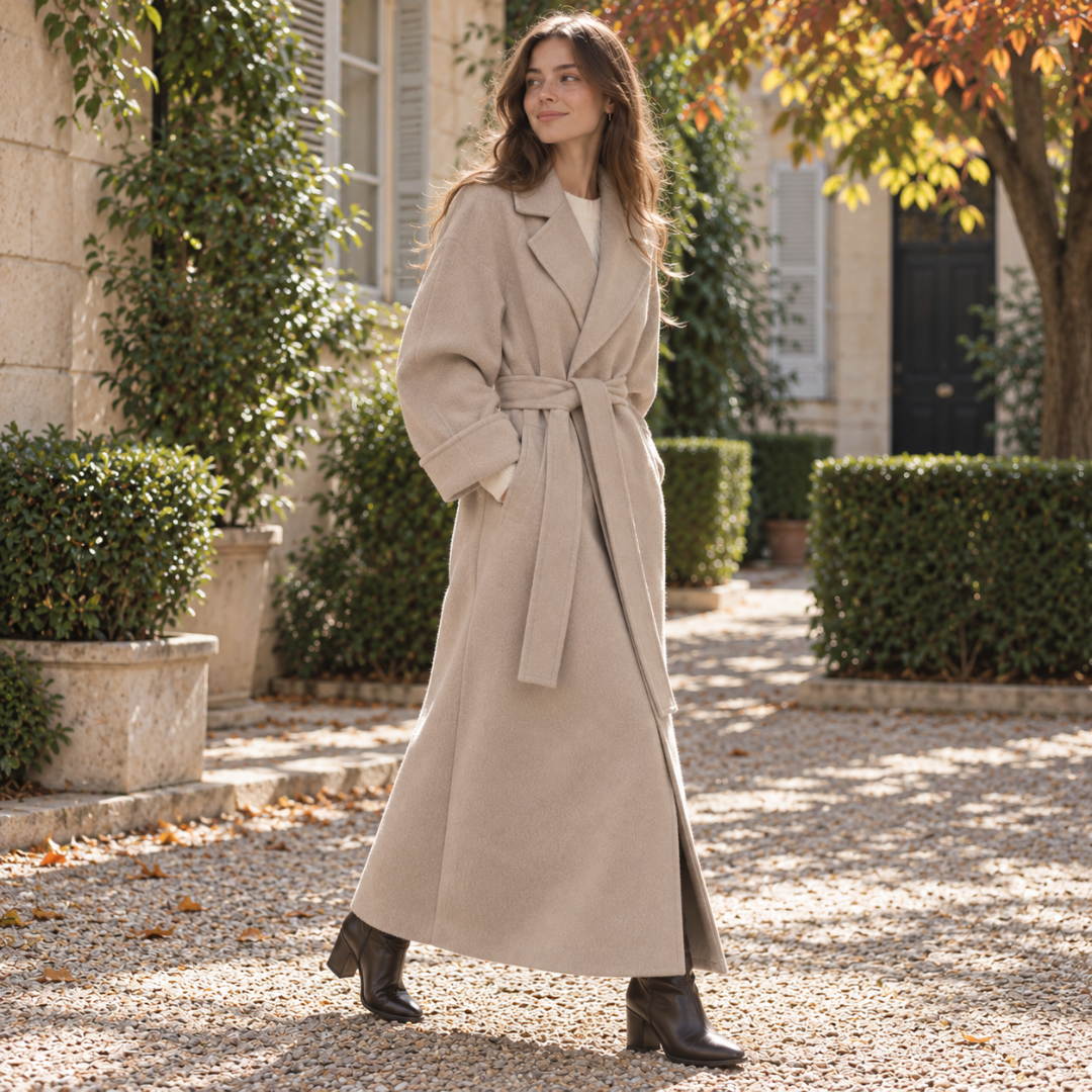 Cappotto lungo donna albicocca con cintura annodata in vita e collo a revers