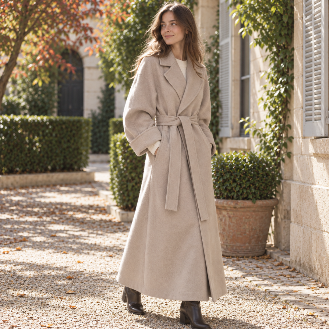 Cappotto donna albicocca con chiusura incrociata senza bottoni e tasche laterali