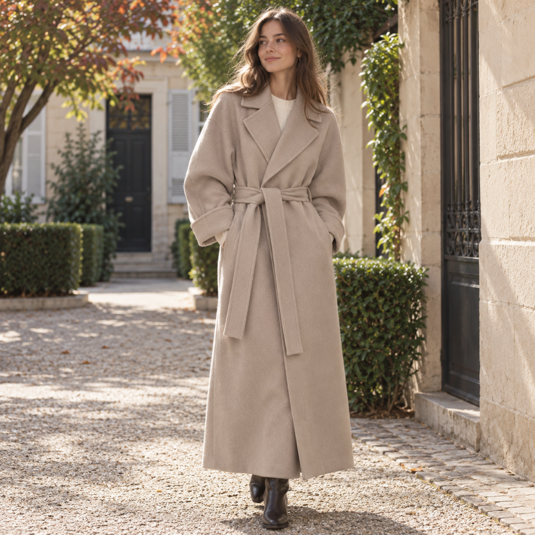 Cappotto donna albicocca lungo fino alle caviglie con ampio collo a revers