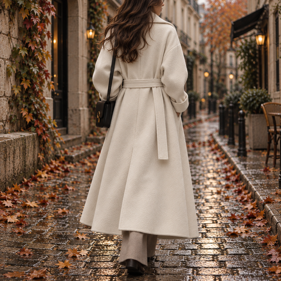 Vista posteriore del cappotto lungo bianco con cintura e gonna svasata