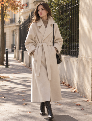 Cappotto lungo donna grigio e bianco con cintura in vita e revers ampi