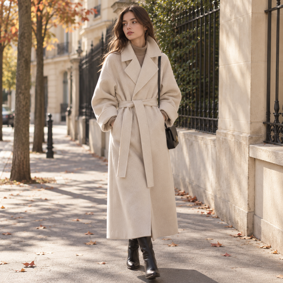 Cappotto lungo donna grigio e bianco con cintura in vita e revers ampi