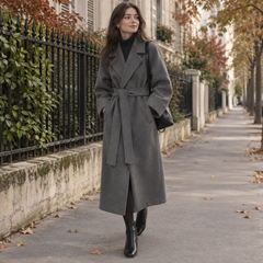 Cappotto donna grigio scuro lungo con cintura annodata e maniche risvoltate