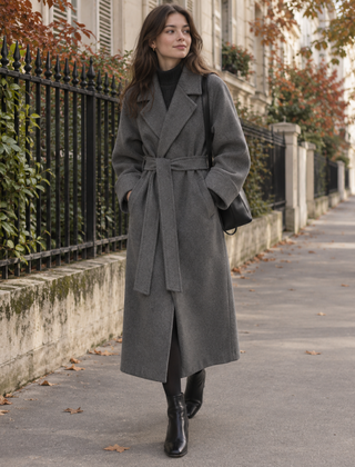 Cappotto donna grigio scuro lungo con cintura annodata e maniche risvoltate