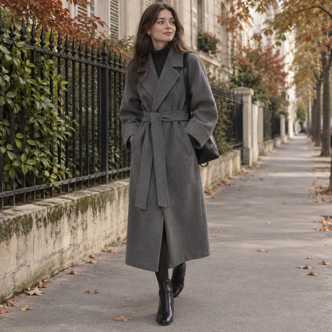 Cappotto donna grigio scuro lungo con cintura annodata e maniche risvoltate