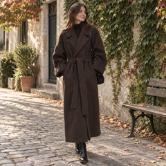 Cappotto lungo donna marrone con collo a revers e cintura in vita