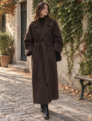 Cappotto lungo donna marrone con collo a revers e cintura in vita