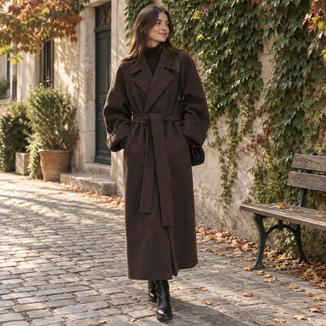Cappotto lungo donna marrone con collo a revers e cintura in vita