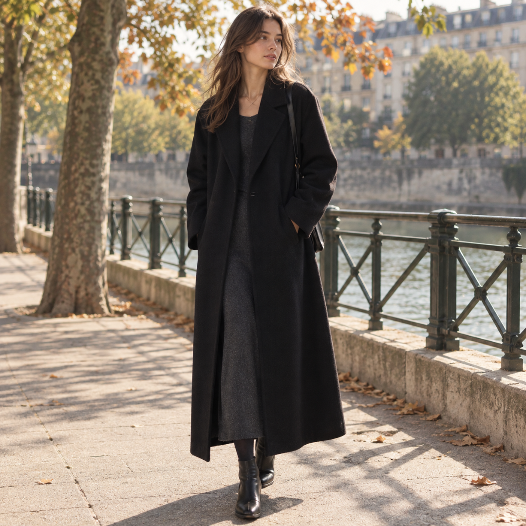 Cappotto donna nero lungo aperto con revers ampi e tasche laterali