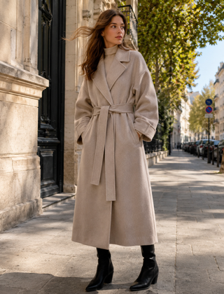 Cappotto donna lungo albicocca con maniche ampie e cintura in vita