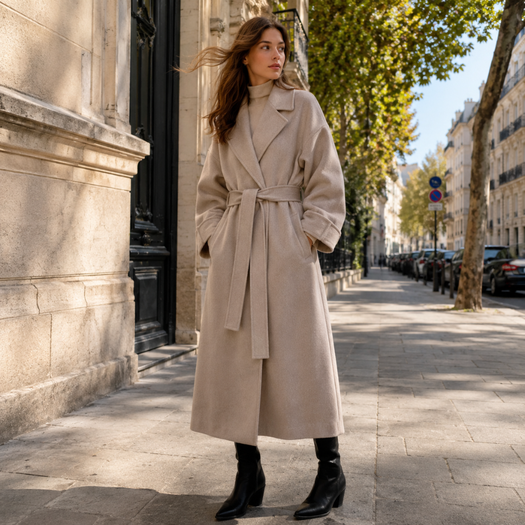 Cappotto donna lungo albicocca con maniche ampie e cintura in vita