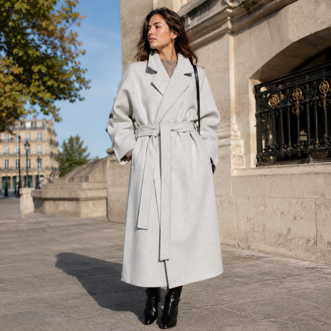 Cappotto donna lungo grigio chiaro con revers ampi e cintura da annodare