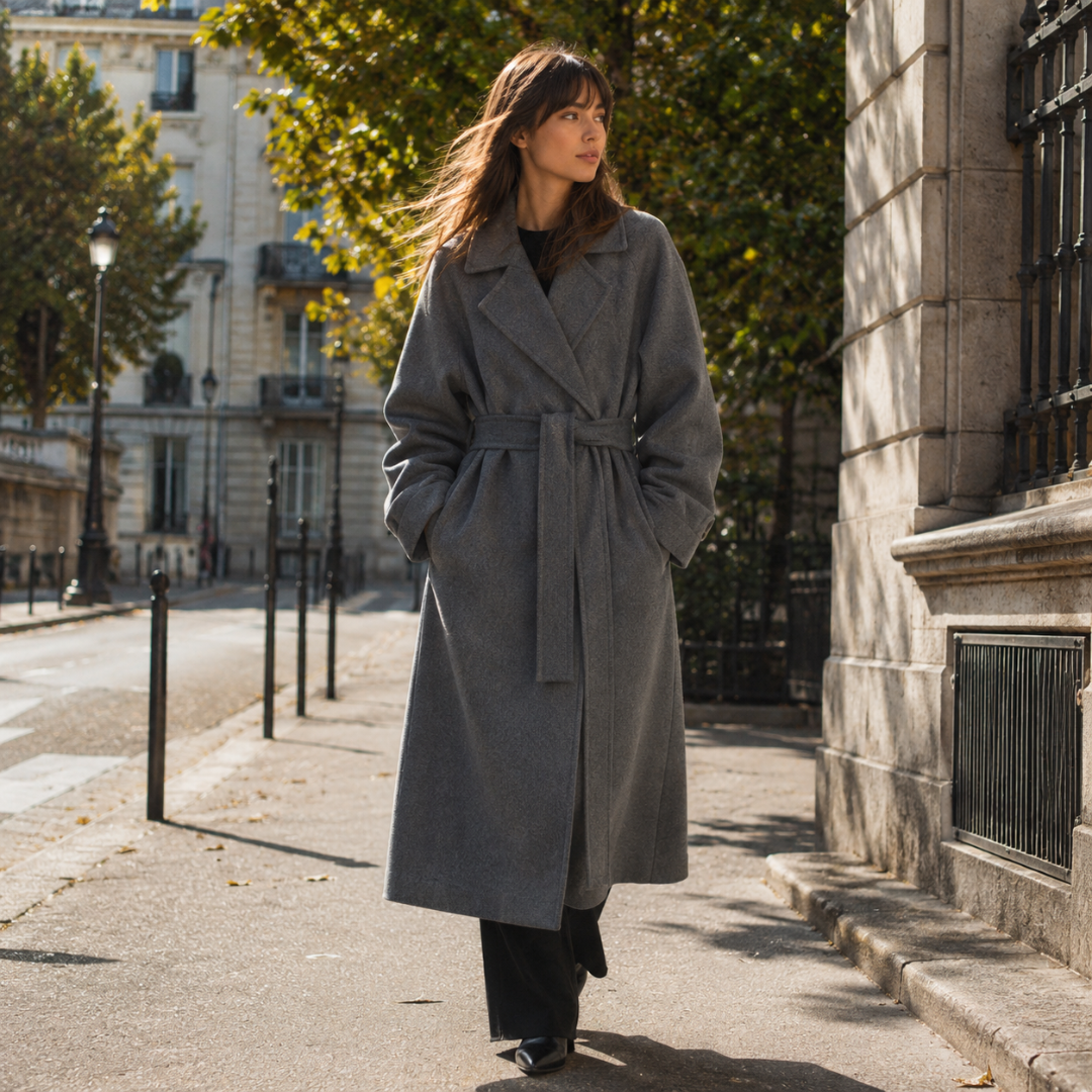 Cappotto donna lungo grigio scuro con revers e tasche laterali