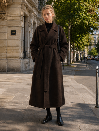 Cappotto donna lungo marrone con revers ampi e cintura annodata in vita