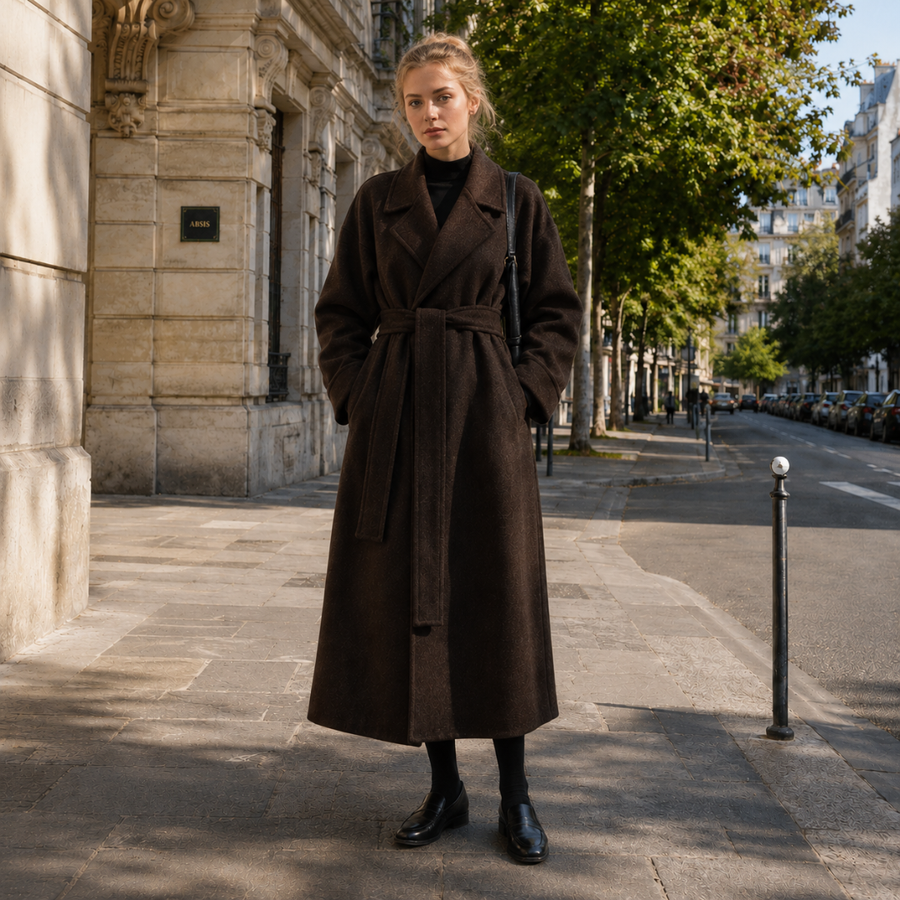 Cappotto donna lungo marrone con revers ampi e cintura annodata in vita