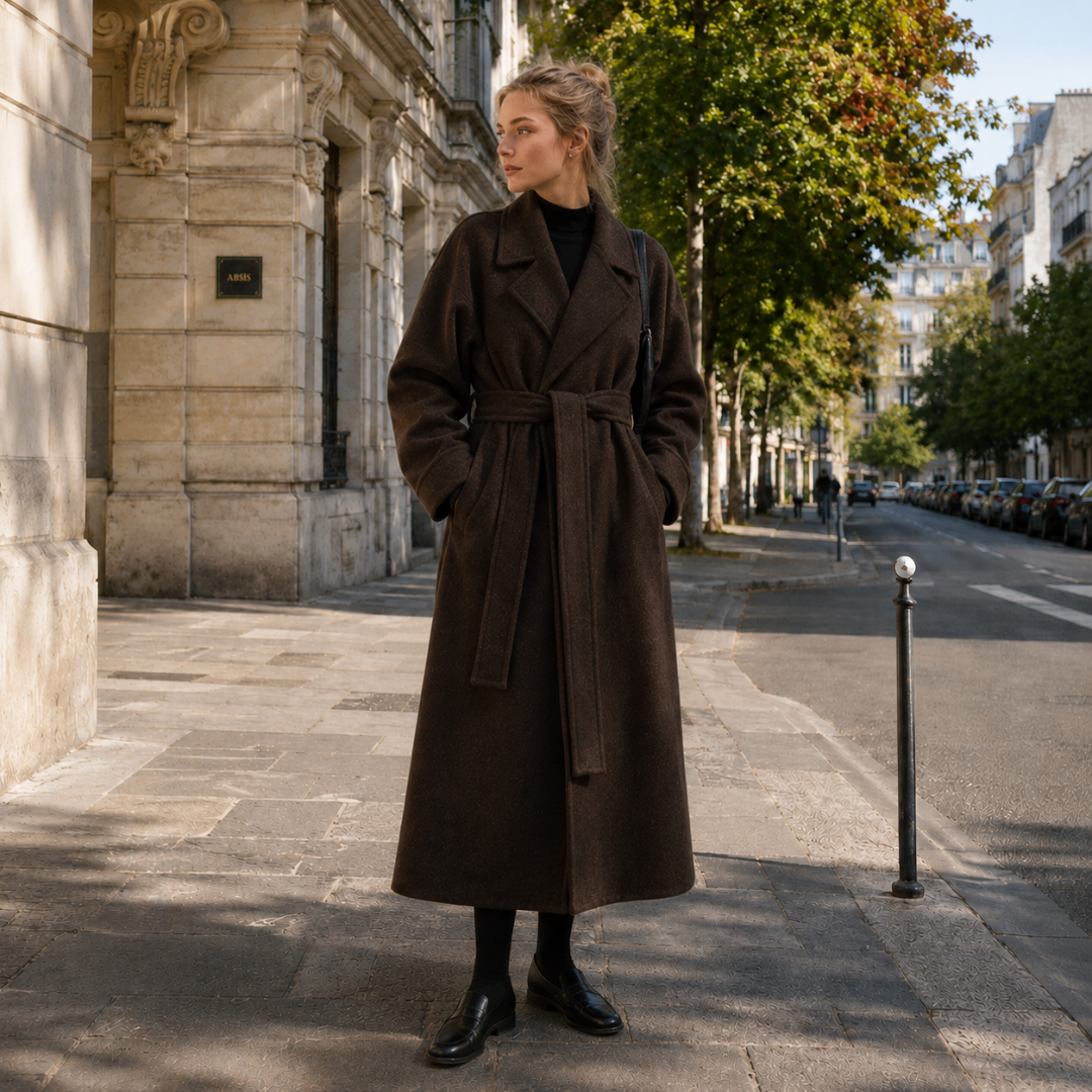 Cappotto lungo marrone con chiusura incrociata e tasche nelle cuciture laterali