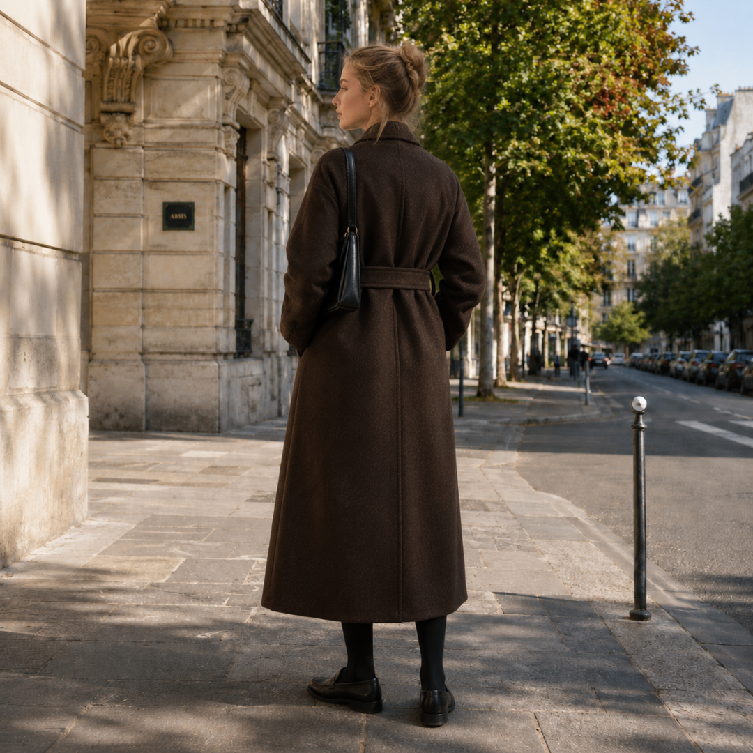 Retro del cappotto donna marrone con cintura in vita e linea dritta lunga