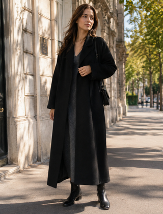 Cappotto donna lungo nero portato aperto con revers ampi e maniche ampie