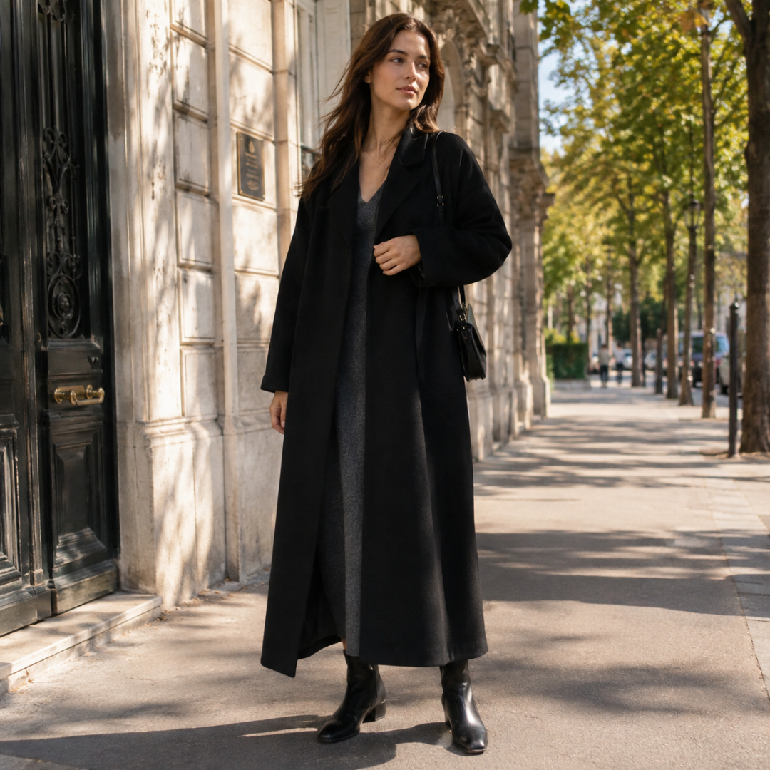 Cappotto donna lungo nero portato aperto con revers ampi e maniche ampie