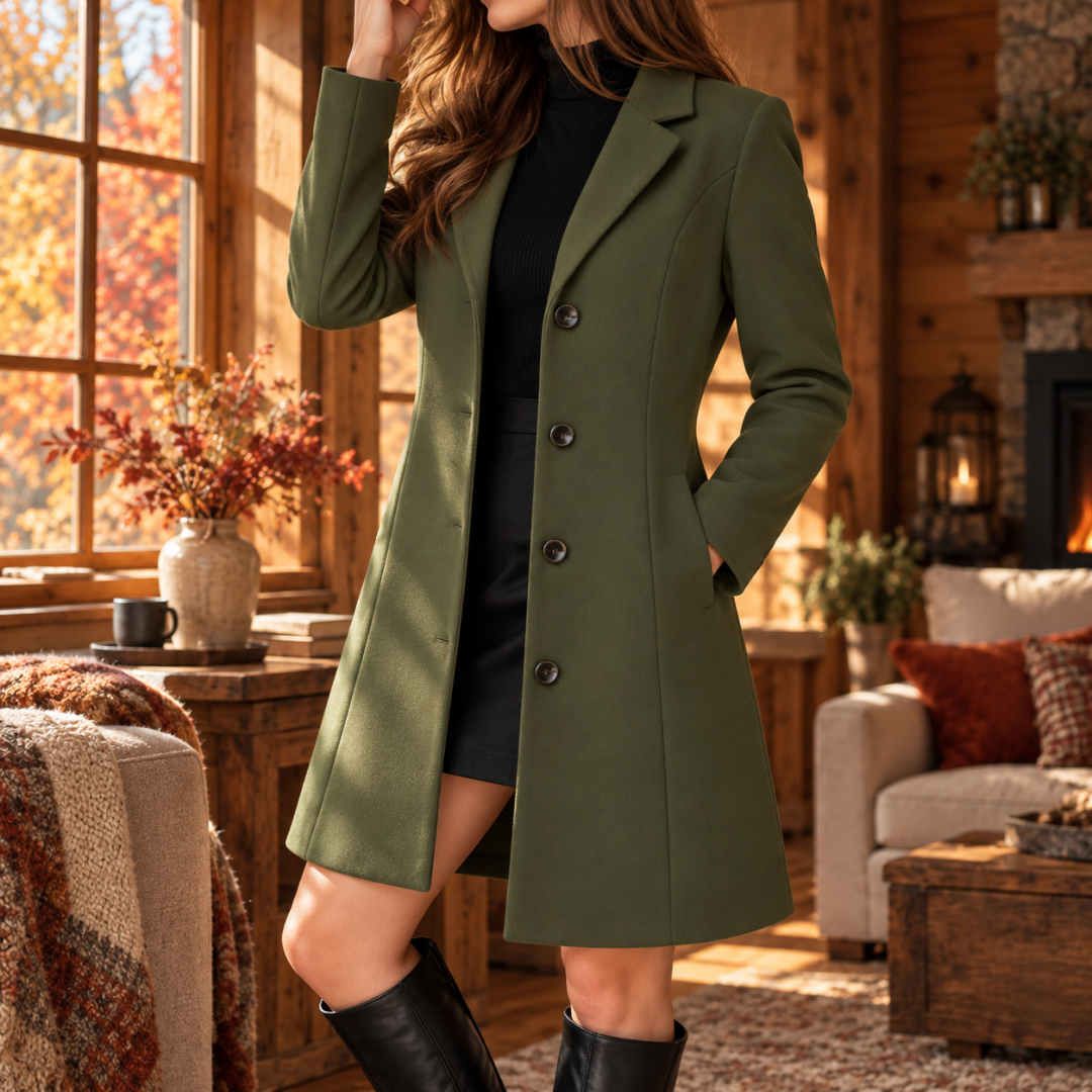 Cappotto donna verde oliva con revers, bottoni scuri e tasche laterali in vista