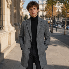 Cappotto uomo grigio a quadri con revers a dentello e chiusura con bottoni
