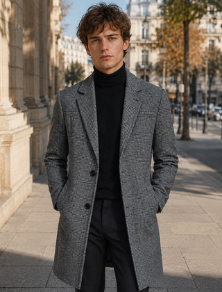Cappotto uomo grigio a quadri con revers a dentello e chiusura con bottoni