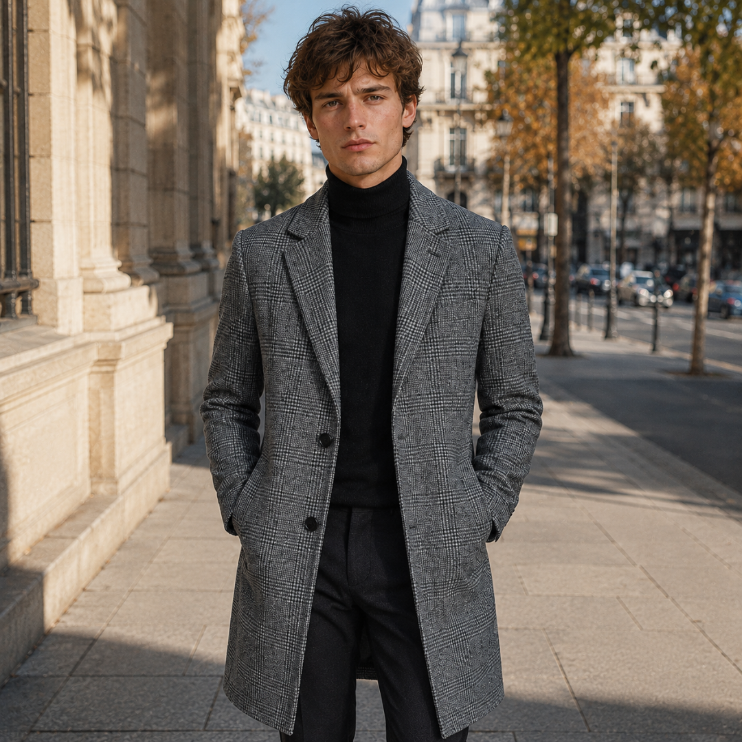 Cappotto uomo grigio a quadri con revers a dentello e chiusura con bottoni