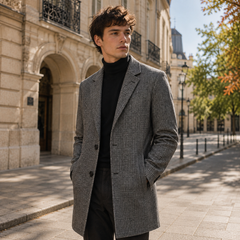 Uomo con cappotto grigio a quadri, tasche a filetto e maglione a collo alto