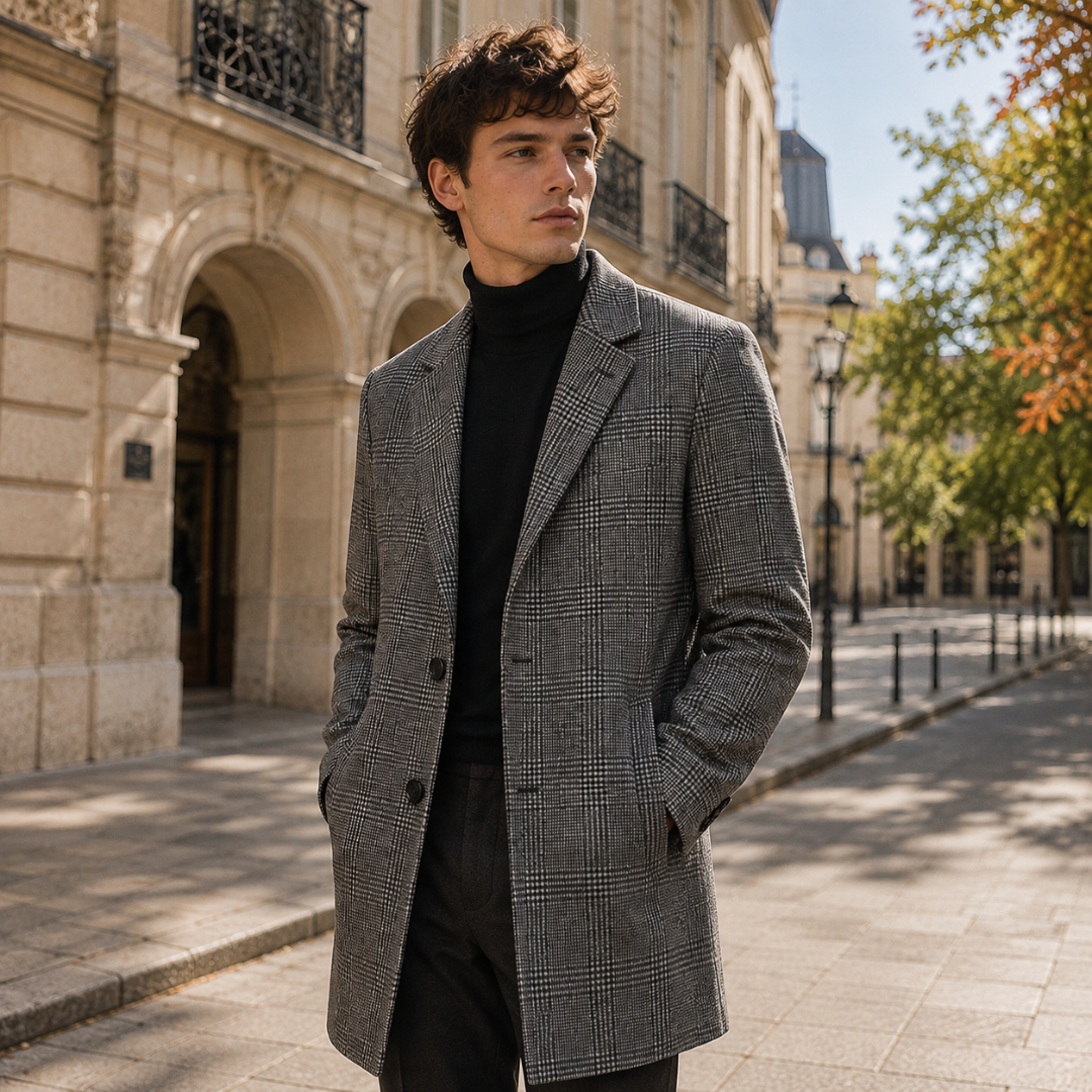 Uomo con cappotto grigio a quadri, tasche a filetto e maglione a collo alto