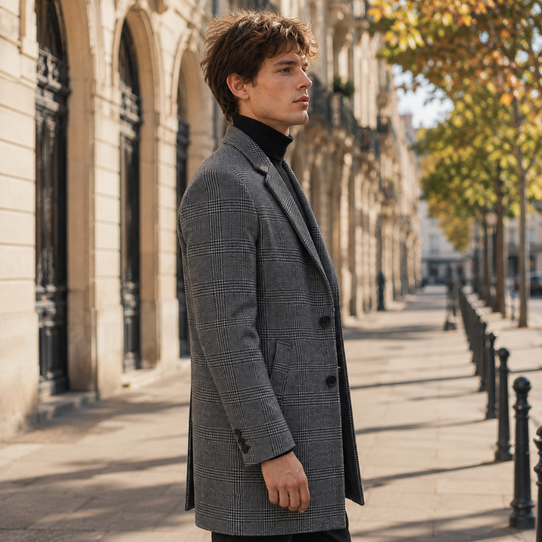 Profilo del cappotto uomo grigio a quadri con bottoni sul polsino