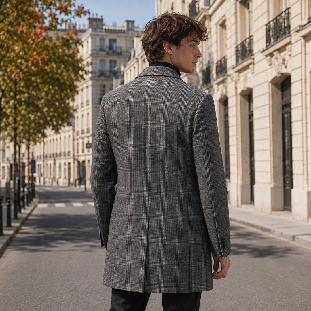 Retro del cappotto uomo grigio a quadri con spacco centrale sul fondo