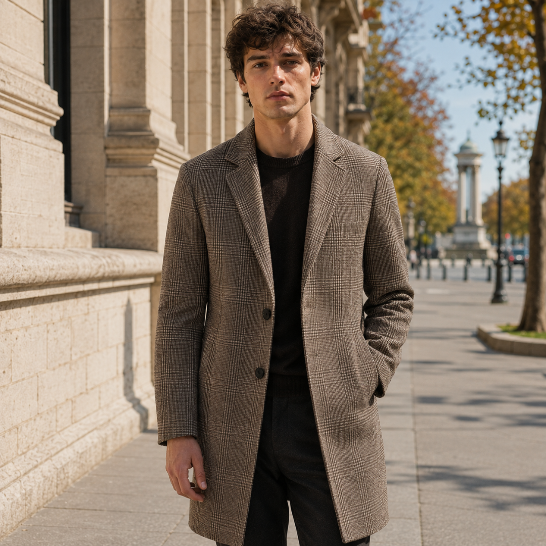 Cappotto uomo kaki a quadri con revers a dentello e bottoni frontali