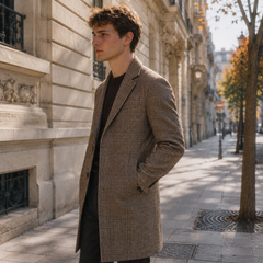 Vista laterale del cappotto uomo kaki a quadri con linea lunga e revers